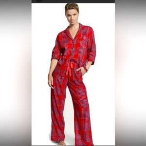 Victoria’s Secret RED Plaid Flannel Pajama SET BUTTON top Stretch Waist Pants M